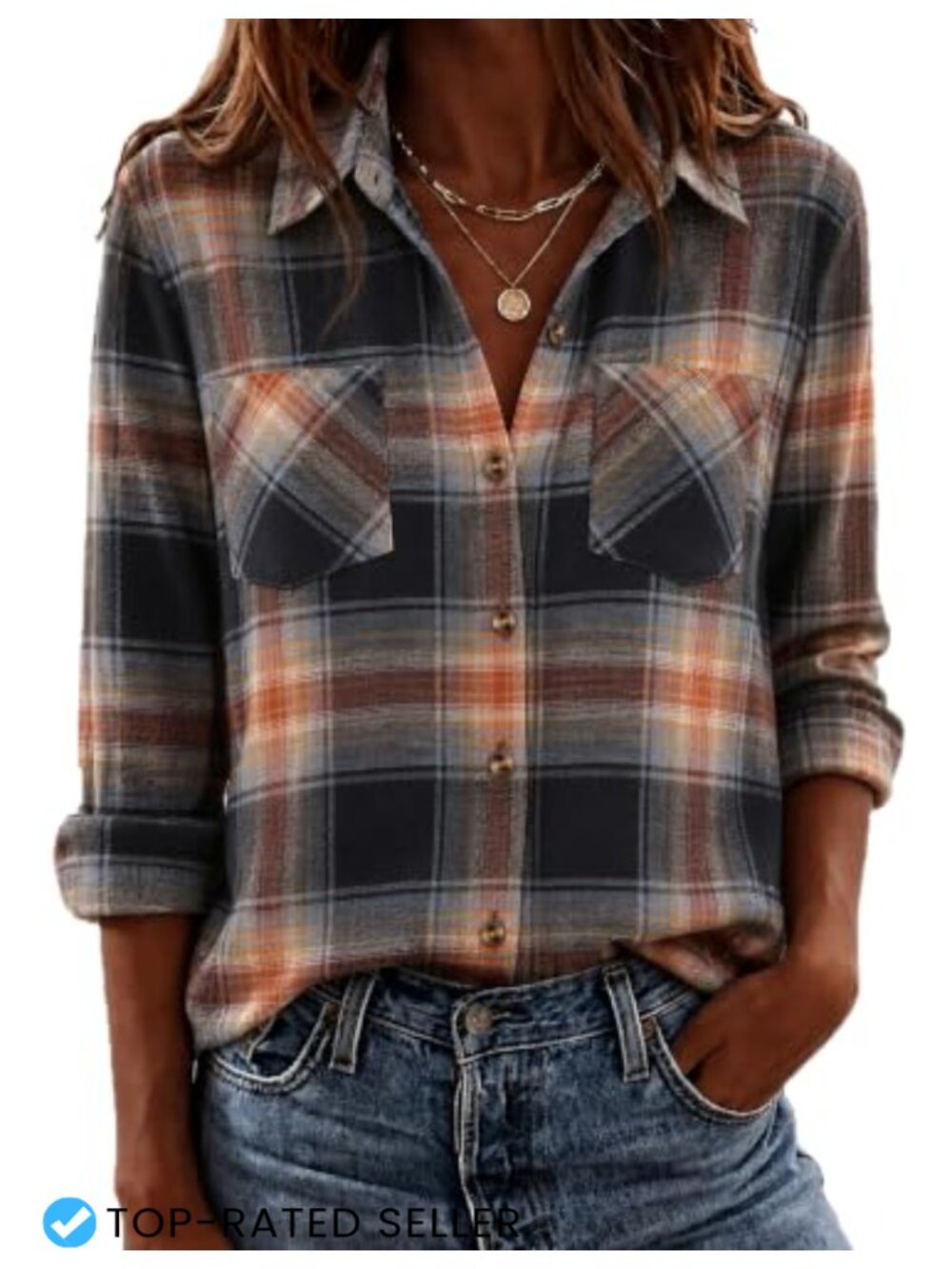 Women's Flannel Plaid Shirt Long Sleeve Button Down Blouse Causal Work Top